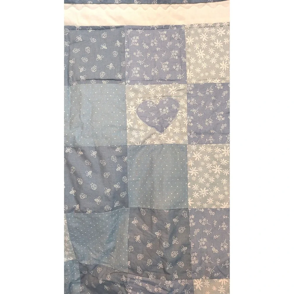 Handmade Unfinished Baby Quilt Top Patchwork Blue White Heart Floral 37x54